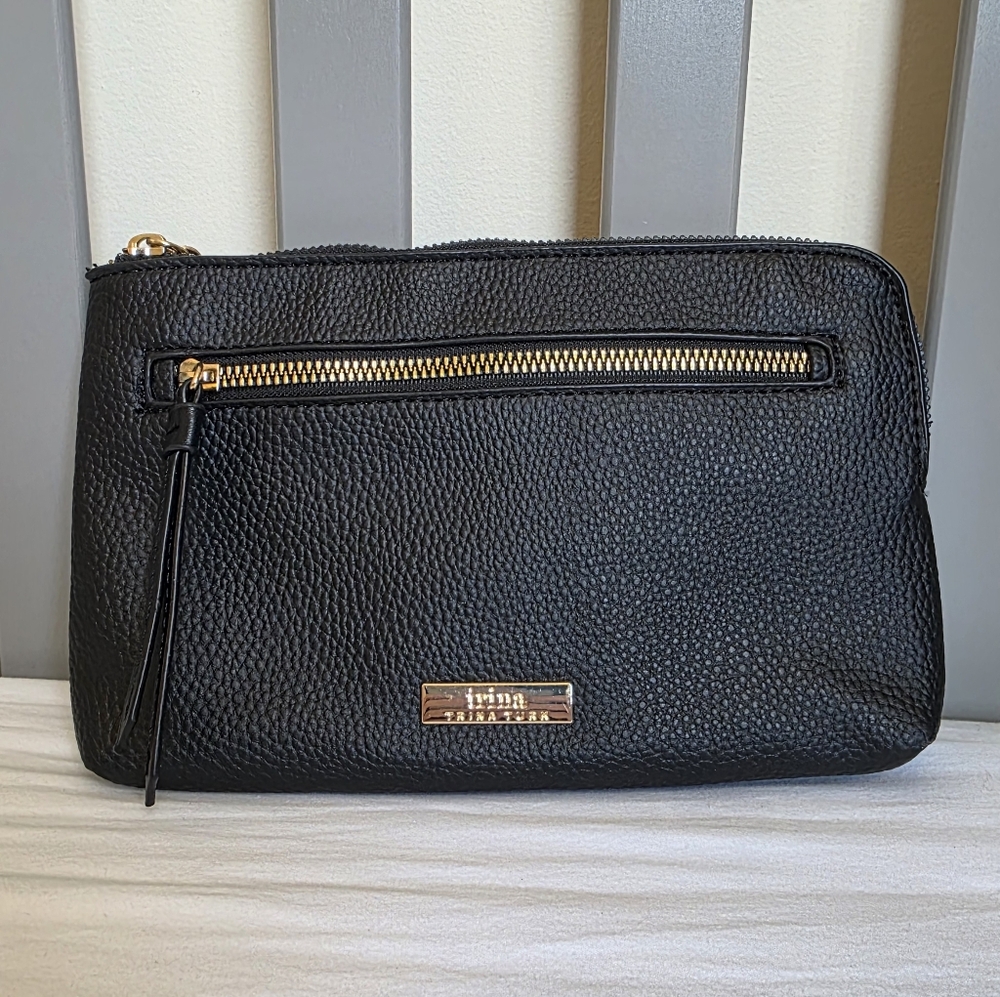 Trina Turk Black Textured Clutch Make Up Bag with Gold Zipper